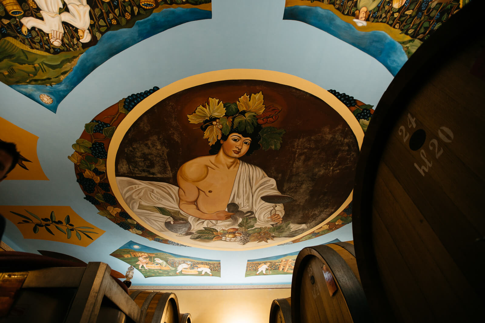 ceiling of room with wine barrels